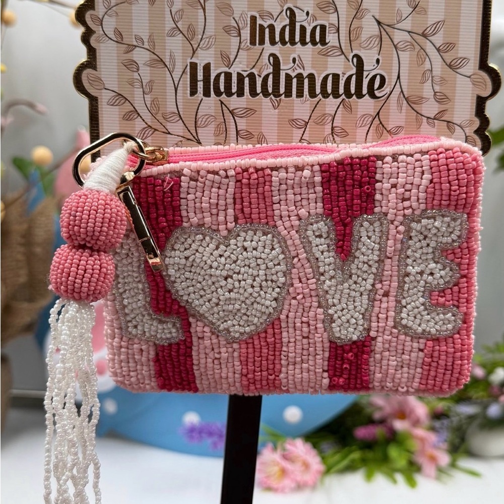 Handmade Pink Beaded LOVE Coin Purse with Tassel Charm